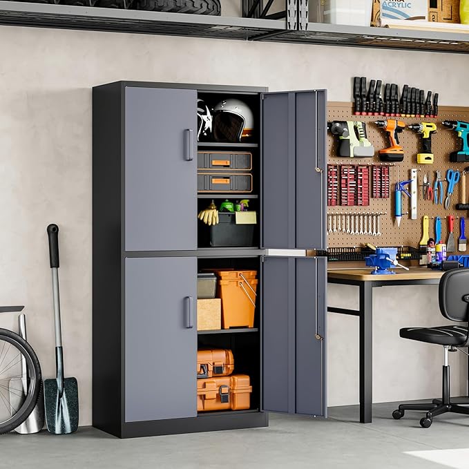 Yizosh Metal Storage Locking Cabinet with 4 Doors and 2 Adjustable Shelves,71" Lockable Garage Tall Steel Cabinet,for Home Office,Living Room,Pantry,Gym,Commercial Storage (Gray Black)