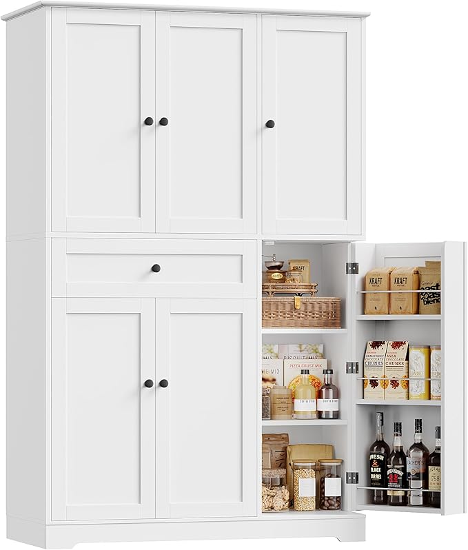 HOSTACK 68" Tall Kitchen Pantry Storage Cabinet, Modern Kitchen Hutch Cabinet with Doors and Shelves, Freestanding Food Pantry with Large Storage Drawer for Dining Room, Living Room, White
