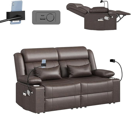 Home Theater Seating，RV Reclining Sofa Set with Adjustable Headrest， Recliner Sofa with Heat and USB&Type-C, Dawer & Cup Holders, 150° Recline for RV & Living Room(Loveseat Brown)