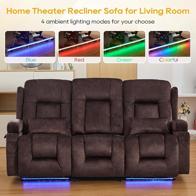 IPKIG 76" Power Reclining Sofa, Electric Home Theater Seating with Flipped Middle Backrest/LED Lighting/USB Ports/Built-in Outlets, Dual Recliner Sofa 3 Seater for Living Room RV (Brown)