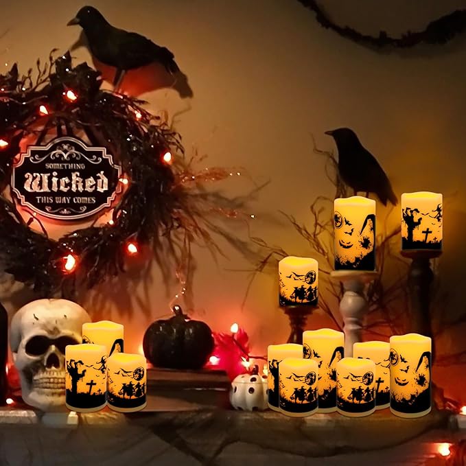 12-Pack Waterproof Flameless LED Candles - Remote Control & Timer, Dimmable Flickering for Halloween Decor Indoor/Outdoor, Haunted House, Party, Graveyard