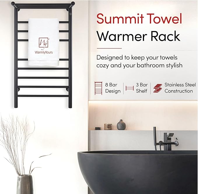 WarmlyYours Black Towel Warmers for Bathroom - Wall Mounted Black Heated Towel Rack with Shelf, 11 Bars Stainless Steel, 20x36 in. Electric Heating and Drying Rack, 120V Plug-in or Hardwired (Summit)