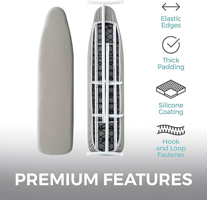 HOME GENIE Ironing Board Cover, Silicone Coating, Full Size Scorch Resistant Padding, Elastic Edge Heavy Duty Iron Pad Covers Standard Boards, Hook and Loop Fastener Strap Extra Thick, Silver