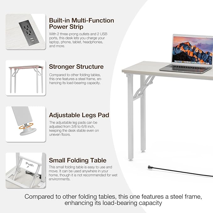 TEMI Small Computer Desk Folding Table - No Assembly, Compact 35.8" Foldable Desk with Power Outlets & USB Charging Port, Portable Small Office Desk, Ideal Mini Study Table for Narrow Spaces,White Ash