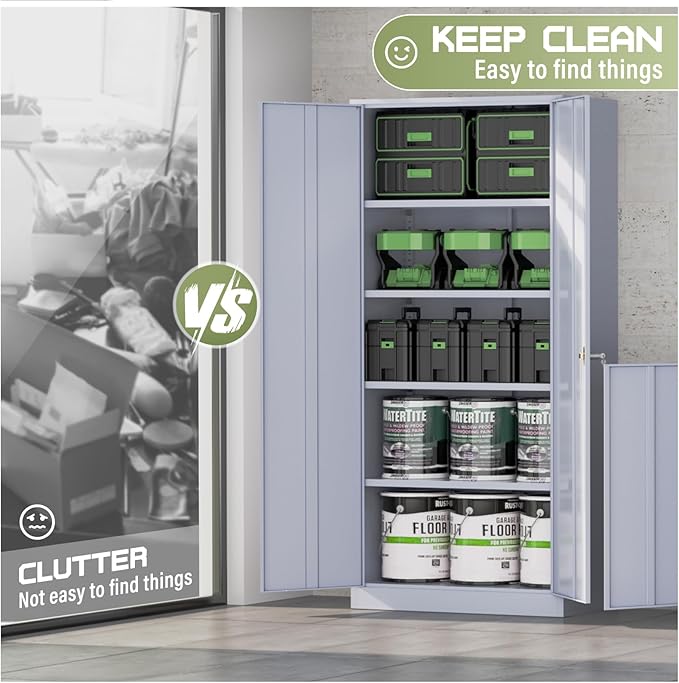 SUNCROWN 72" Metal Storage Cabinet - Heavy-Duty Metal Garage Cabinet with 4 Adjustable Shelves & 2 Doors for Tools, Office, Home, Workshop,Cement Grey