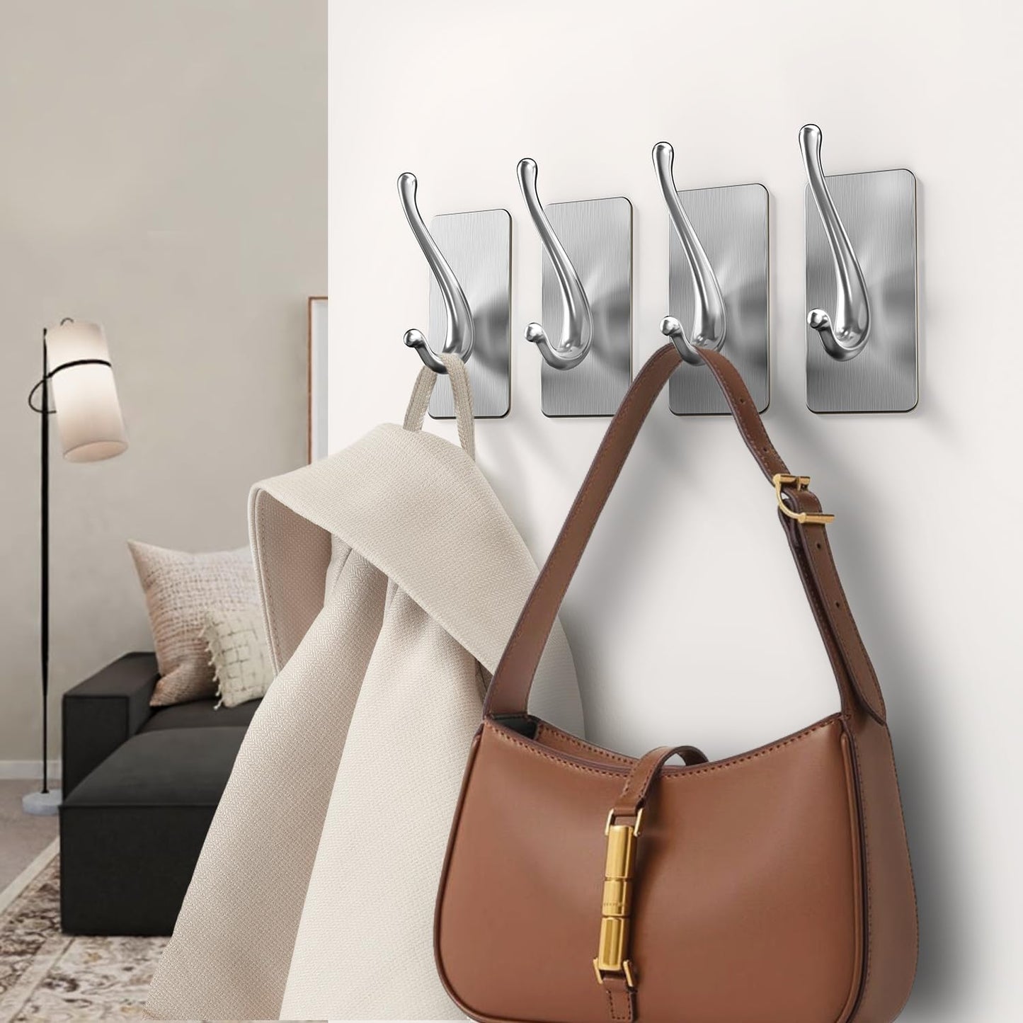 Towel Hooks, Solid Alloy Adhesive Wall Hooks for Hanging, Towel Hooks for Bathroom, RV, Kitchen, Closets, etc (Silver, 2 Pack)