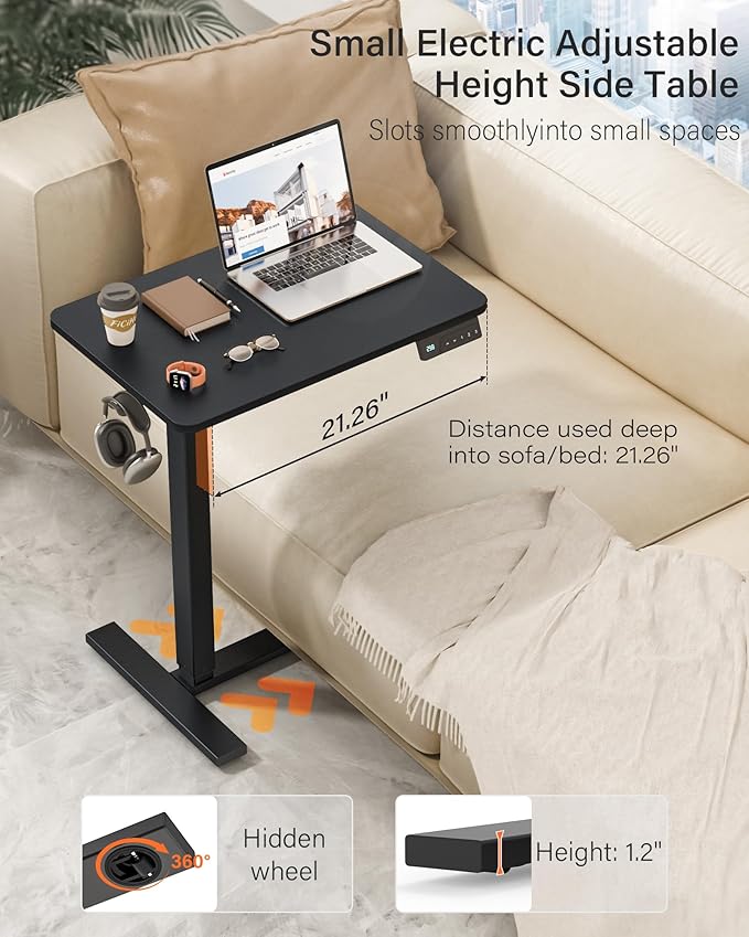 Small Mobile Standing Desk with Wheels, Electric Height Adjustable Portable Rolling Computer Cart, Movable Sit Stand Laptop Table for Sofa, Bedside, Home Office Workstation (27.6", Black)