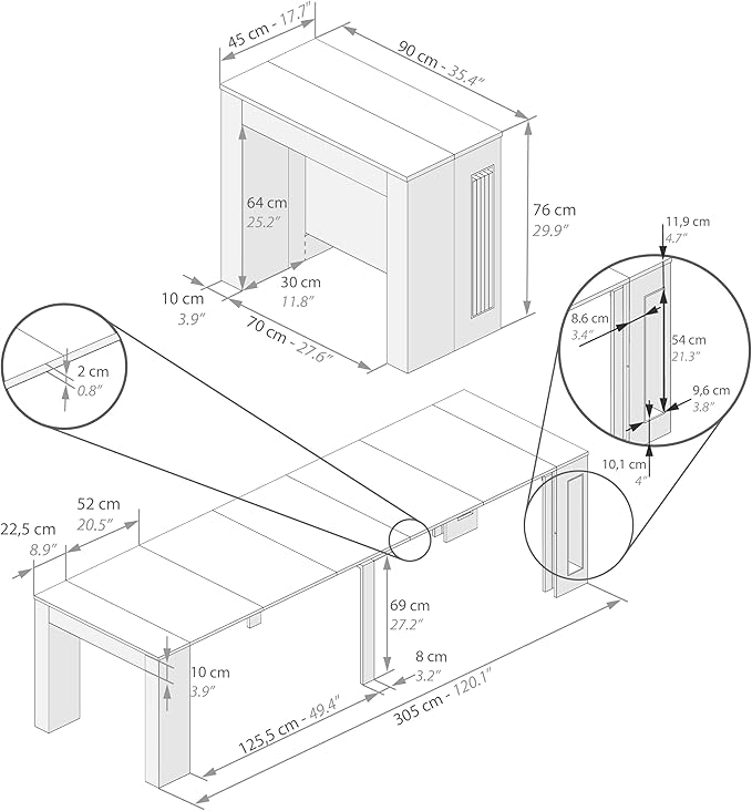 Mobili Fiver, Easy, Extendable Console Table with Extension Leaves Holder, 17.7(120.1) x35.4 in, Ashwood White, for 4-12 People, Space Saving Dining Table for Living Room, Italian Furniture