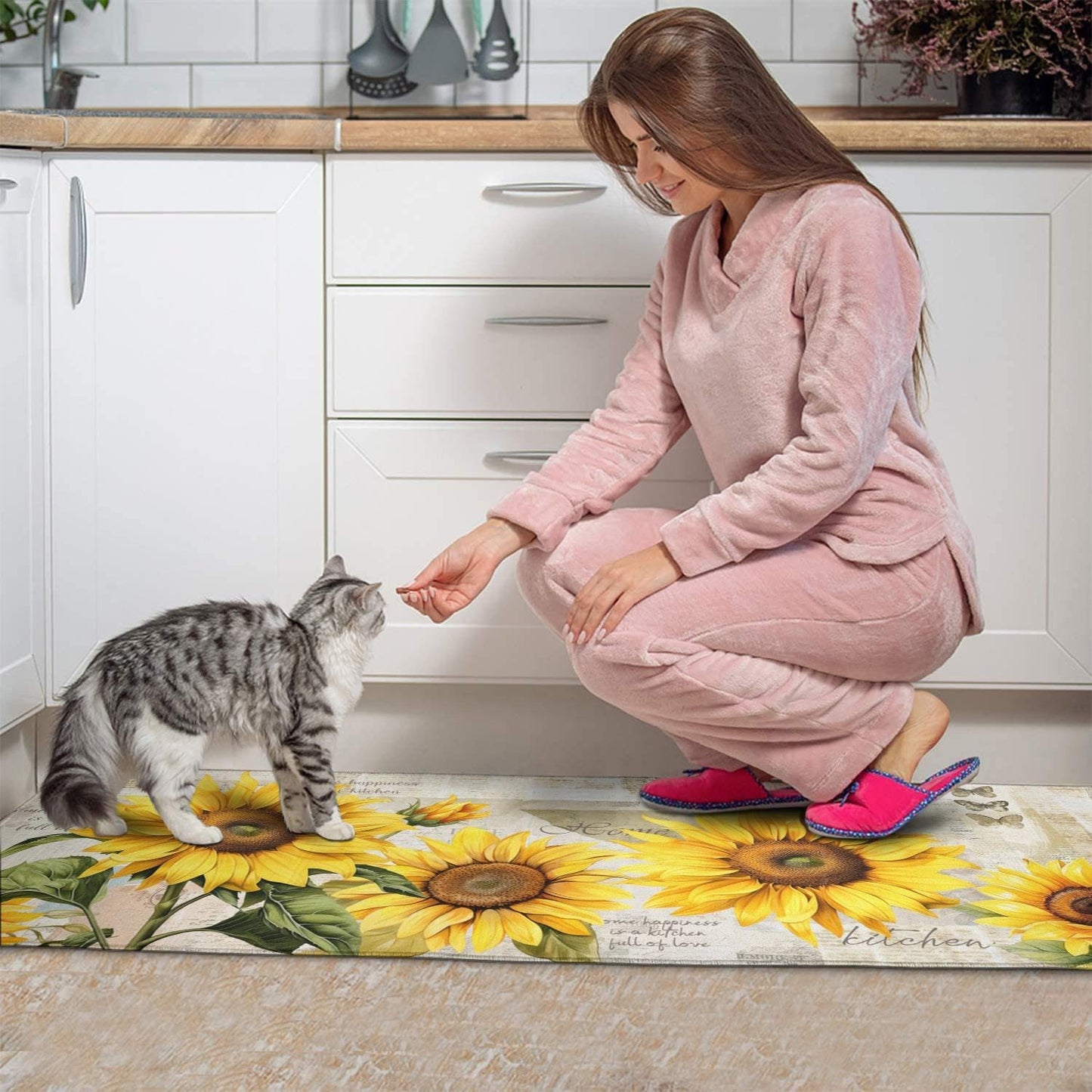 2 Piece Sunflower Kitchen Decor Rugs Set, Farmhouse Country Kitchen Rugs and Mats Non Skid Washable Absorbent Microfiber Kitchen Mats for Floor Mats Accessories Decoration 17"x47"+17"x30"