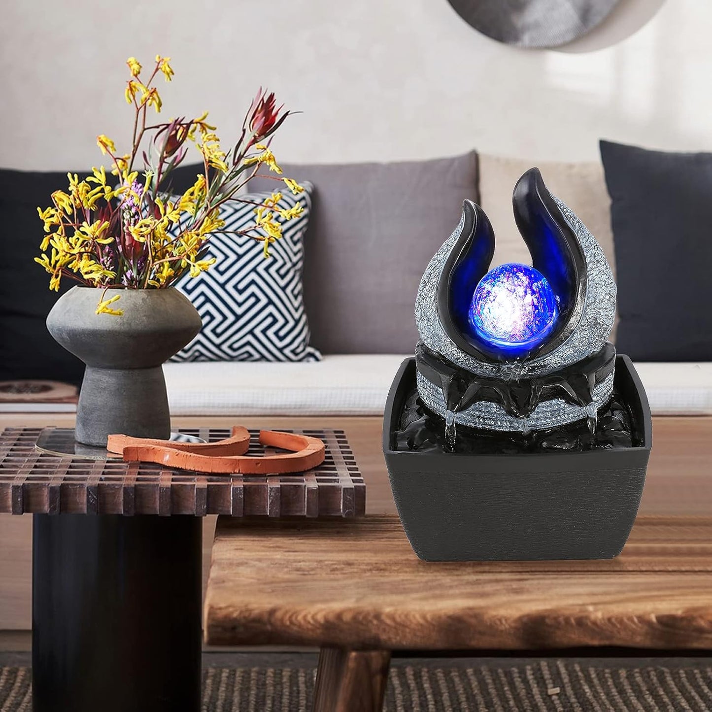 WICHEMI Water Fountains Indoor Waterfall Fountain Mini Tabletop Fountain with LED Rolling Ball Water Feature Indoor Zen Meditation for Home and Office Indoor Spaces Decor (Style 1)