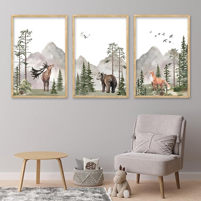 Set Of 3 Wild Woodland Nursery Animals Wall Art Decor 16x24 Inch Nursery Foggy Forest Deer Bear Fox Posters Wood Framed Sign Modren Children's Boys Girls Room Watercolor Prints Hang (Wood)