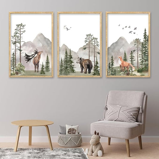 Set Of 3 Wild Woodland Nursery Animals Wall Art Decor 16x11 Inch Safari Foggy Forest Deer Bear Fox Posters Wood Framed Sign Jungle Children's Boys Girls Room Watercolor Prints Hang (Wood)