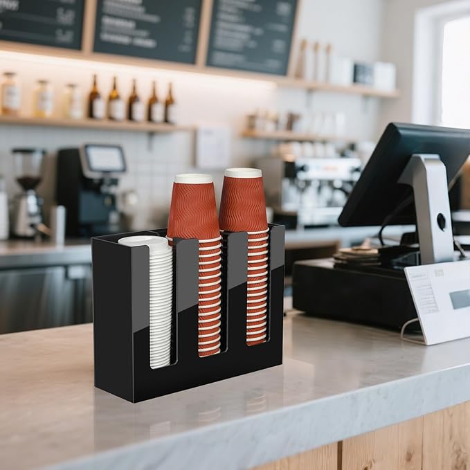 MYITYARD Coffee Cup Holder, Cup and Lid Organizer fits 5 to 16 oz Disposable Paper & Plastic Cups, Cup Dispenser Countertop, Acrylic Cup Storage for Home, Kitchen, Office (3 Compartment)