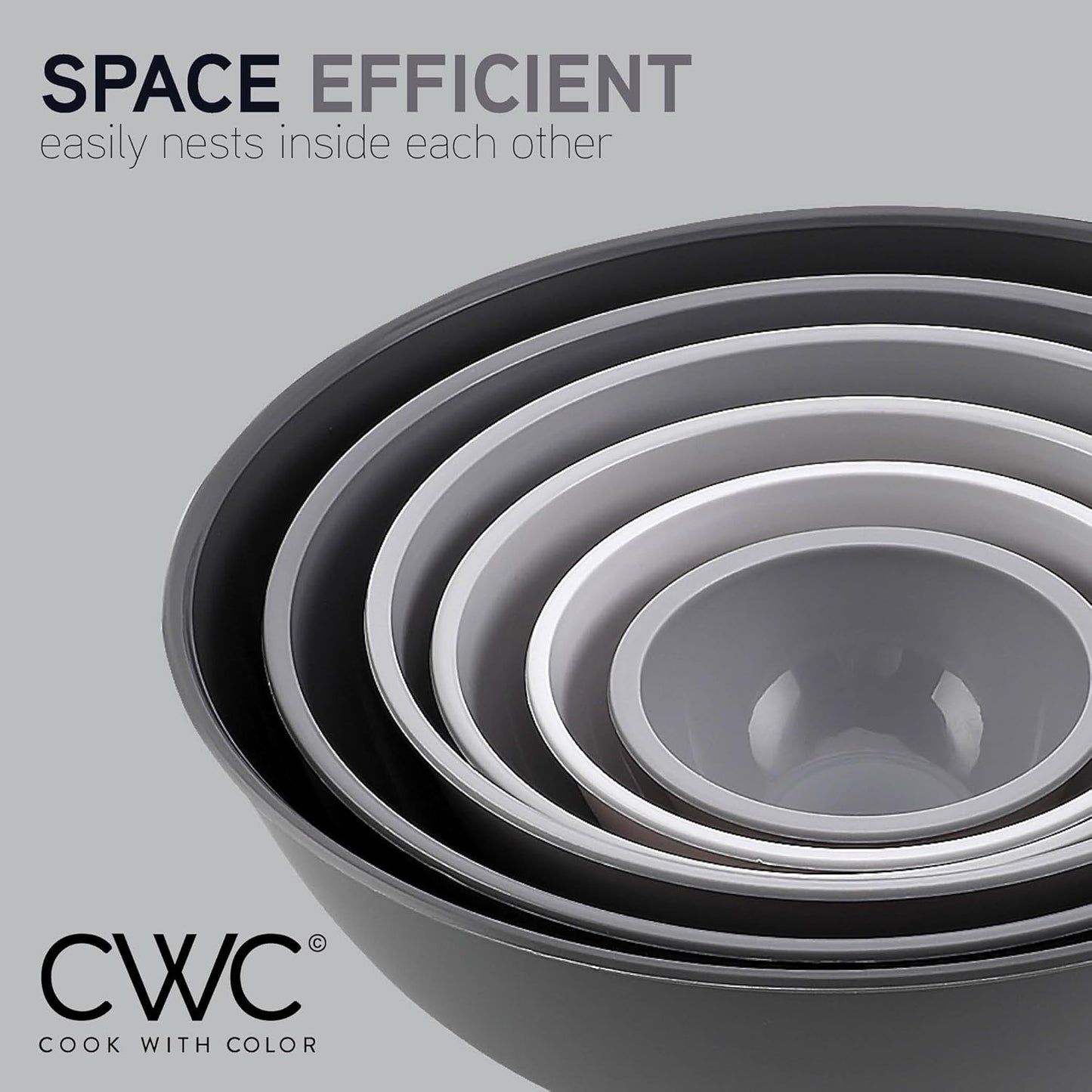 COOK WITH COLOR Plastic Nesting Mixing Bowls Set - 12 Piece includes 6 Prep Bowls and 6 Lids, Microwave Safe (Gray Ombre)