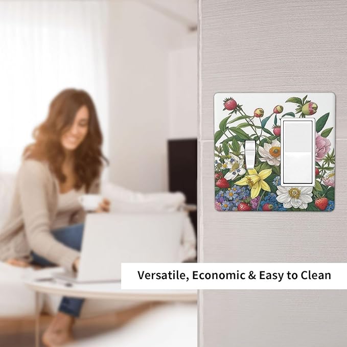 Spring Watercolor Flower Plant Strawberry Peony Floral Outlet Covers 1 Toggle 1 Rocker Combination Electrical Switch Plates Light Switch Cover Plate Decorative Wall Plate for Bedroom living Room Decor