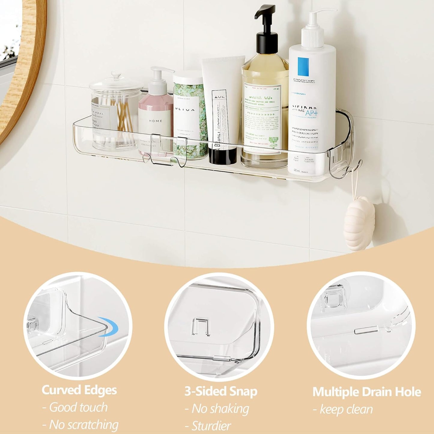 UDD Acrylic Shower Caddy Shower Organizer, Plastic Adhesive Shelf with Hook and Self Adhesive Tape, No Drilling Clear Wall Mount Shower Shelves for Bathroom Kitchen, Clear