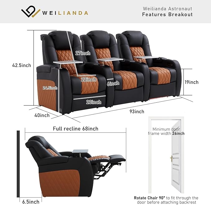 Home Theater Seating, Top Grain Leather Movie Seats Recliner Chair, Zero Gravity Reclining Gaming Sofa with Power Headrest 7 Colors Ambient Lighting 3 Seats Black Camel