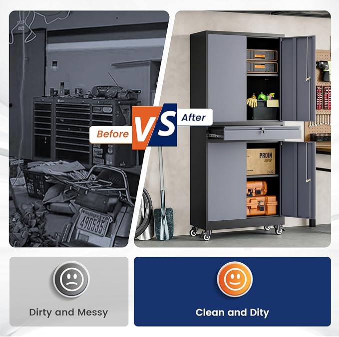 Yizosh Metal Garage Storage Cabinet with Locking Doors and Adjustable Shelves, -73" Steel Rolling Tool Storage Cabinet with 4 Wheels and 1 Drawer for Garage,Office,Warehouse