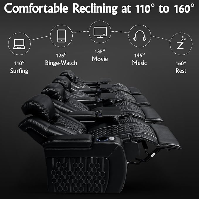 Home Theater Seating, Living Room, Heat & Massage, Powered Headrest, Powered Lumbar, Italian Leather, Powered Recline, Single Recliner (Black, Row of 4)