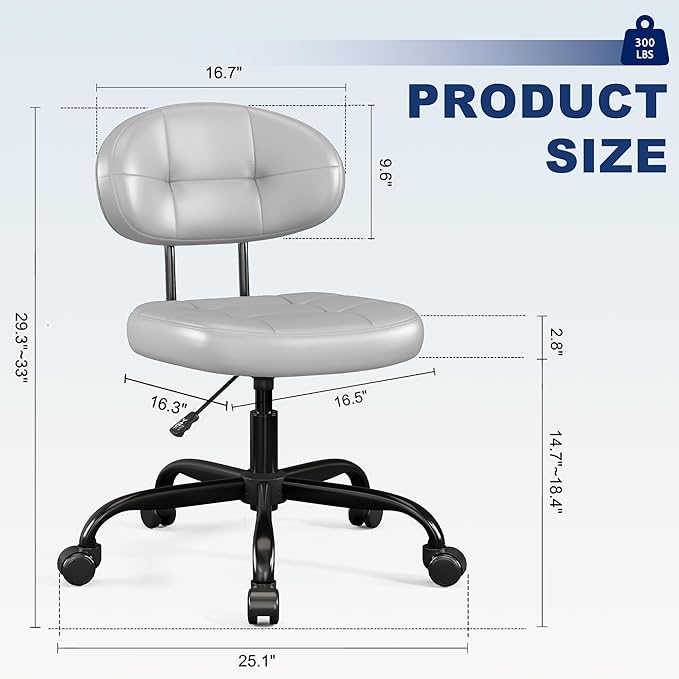 Misolant Vanity Chair with Back, Small Armless Cute Office Chair with Wheels and Lumbar Support, Comfy PU Leather Desk Computer Chairs with Adjustable Height, 360°Swivel for Home Bedroom Office, Gray