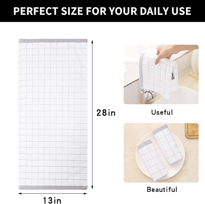 Homaxy 100% Cotton Terry Kitchen Towels(White and Light Grey, 13 x 28 Inches), Checkered Designed, Soft and Super Absorbent Dish Towels, 8 Pack