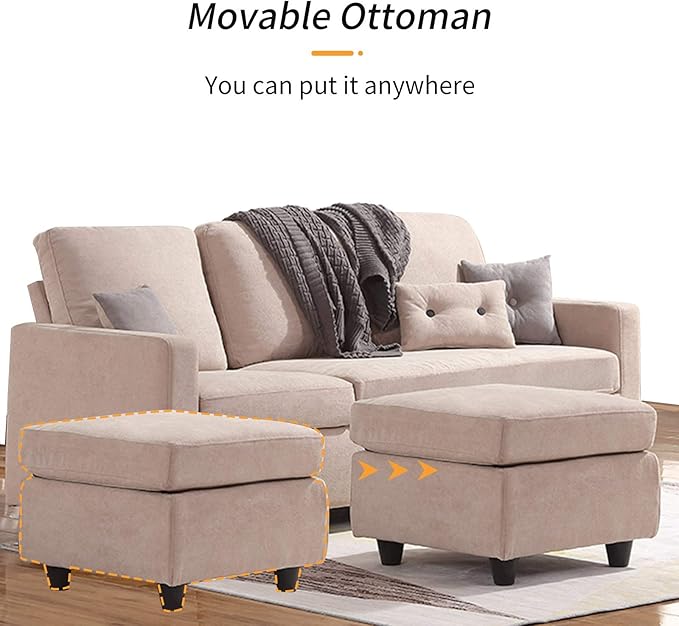 HONBAY L Shaped Couch with Linen Fabric,Convertible, Reversible Sectional Sofa for Small Space, Dark Beige