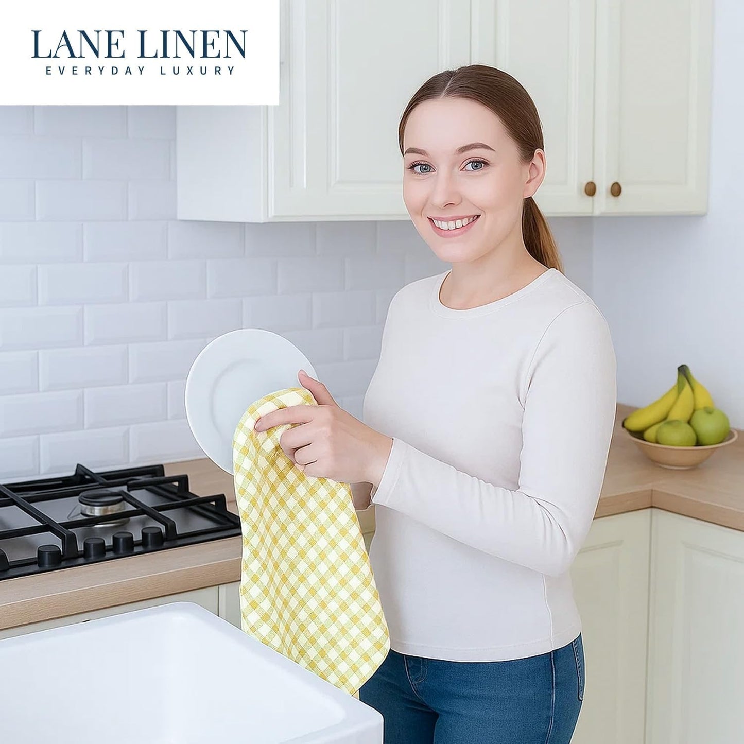 LANE LINEN Cotton Kitchen Towels Set, 4-Pack – Absorbent, Quick-Drying Dish Towels, 18" x 28" - Yellow