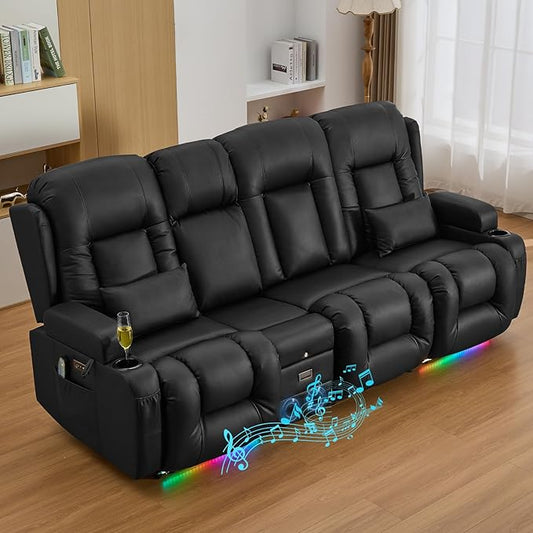 IPKIG 89" Power Reclining Loveseat Sofa, Electric Home Theater Seating with Console/4 Colors Ambient Lighting/Bluetooth Speakers/USB Ports/Built-in Outlets (Black, 3-Seater with Console)