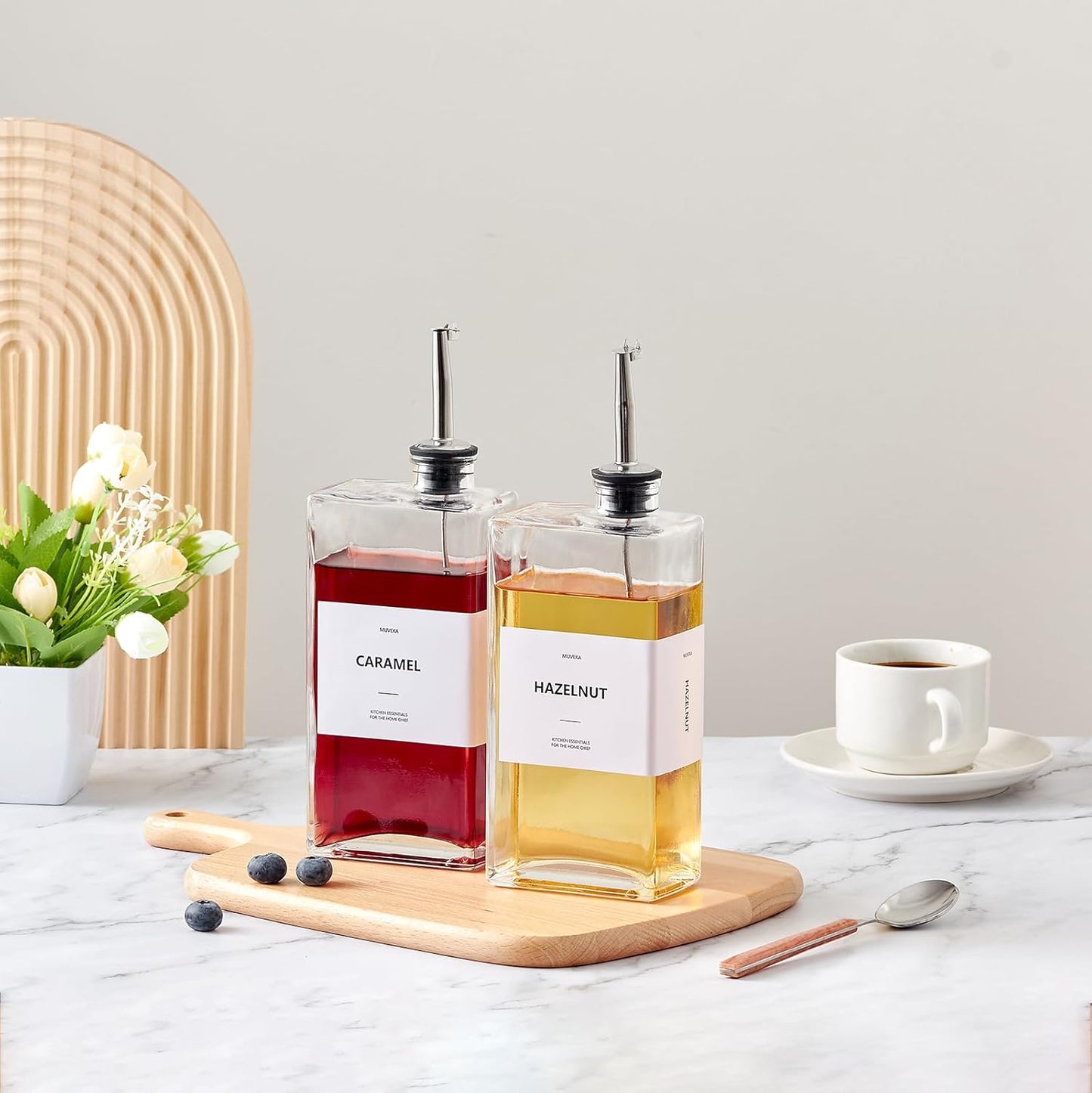 Olive Oil Dispenser Bottle for Kitchen, 16.9 oz/ 500 ml Soy Sauce Dispenser, Cooking Vinegar Dispenser Set, Glass Oil Cruet with Pourer Spouts, Coffee Syrup Dispenser