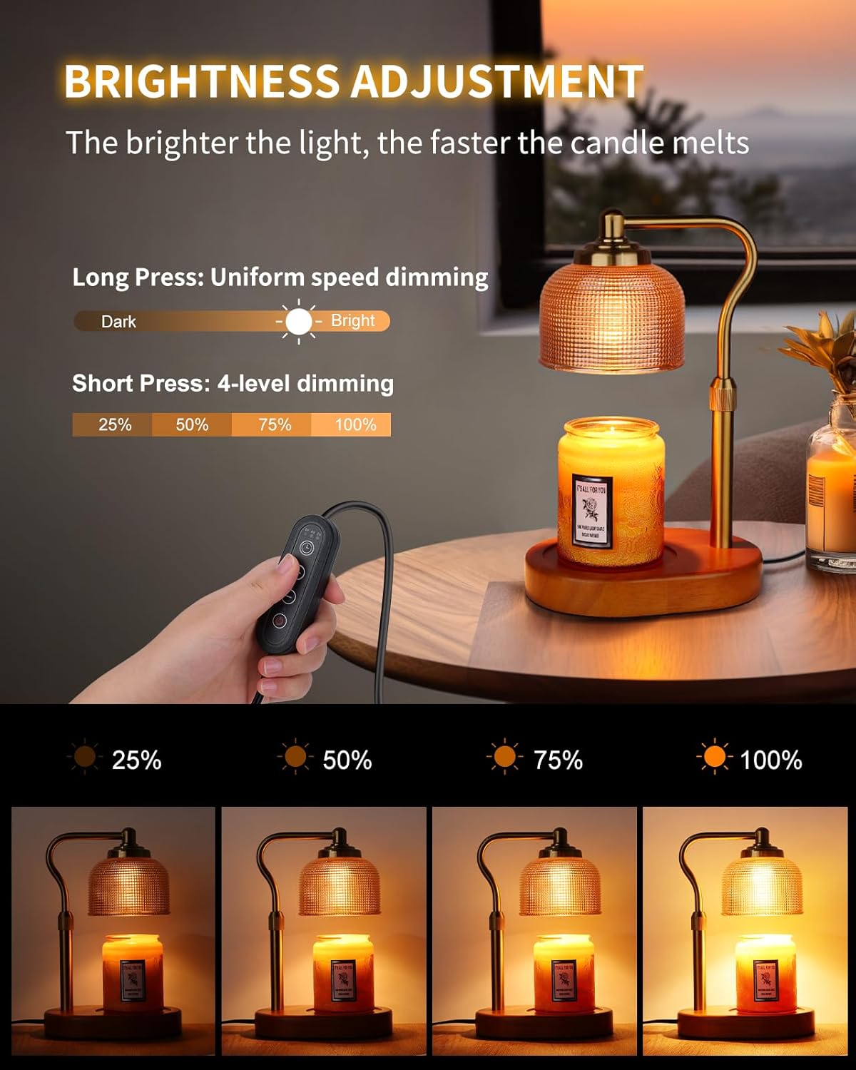 Candle Warmer Lamp Electric Candle Warmer with Timer Dimmable Candle Lamp Warmer with 3 Bulbs Height Adjustable Wax Melt Warmer for Bedroom Home Decor, Amber Gold