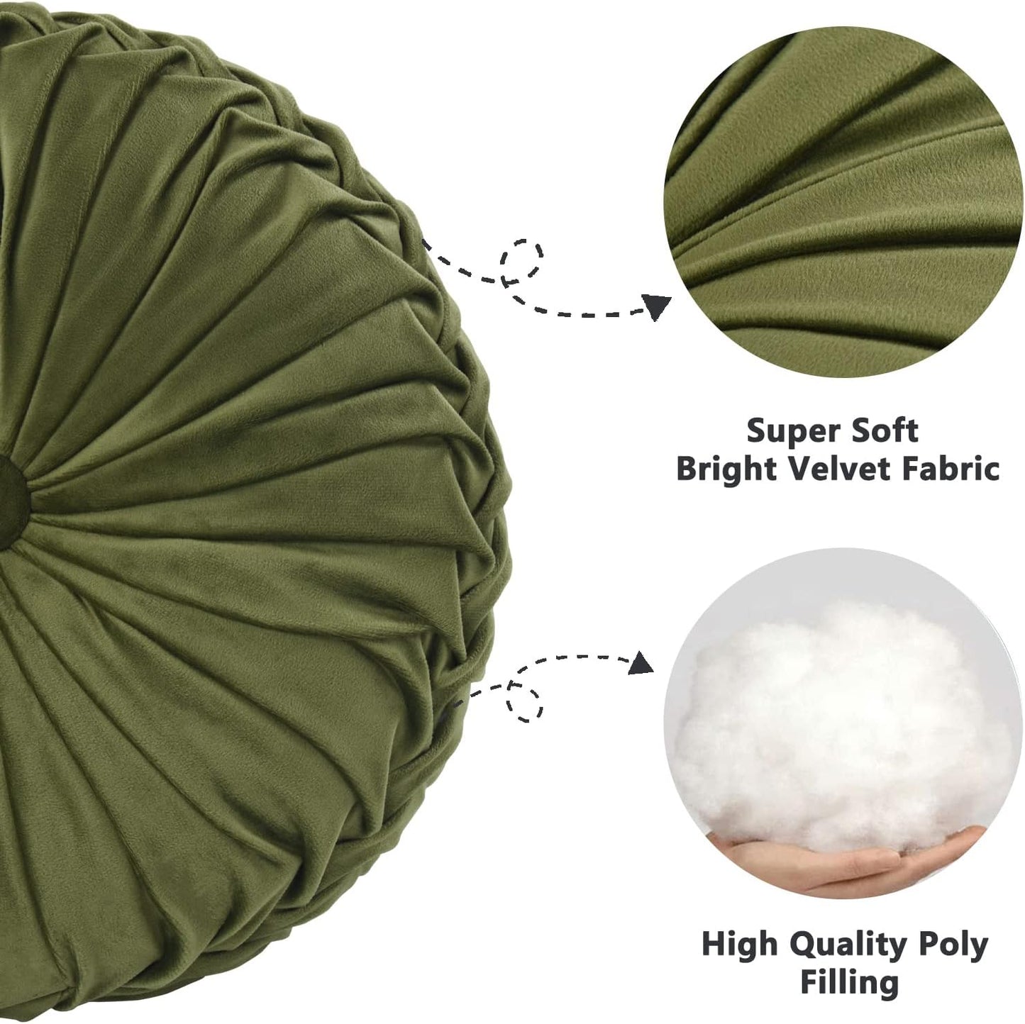 HIG Set of 2 Decorative Round Pleated Throw Pillows, Classy Accent Pumpkin Throw Pillows with Center Button, Vintage Velvet Floor Pillows for Sofa Couch Vanity Chair Bed, Olive, 14.5" Diameter(Ripple)