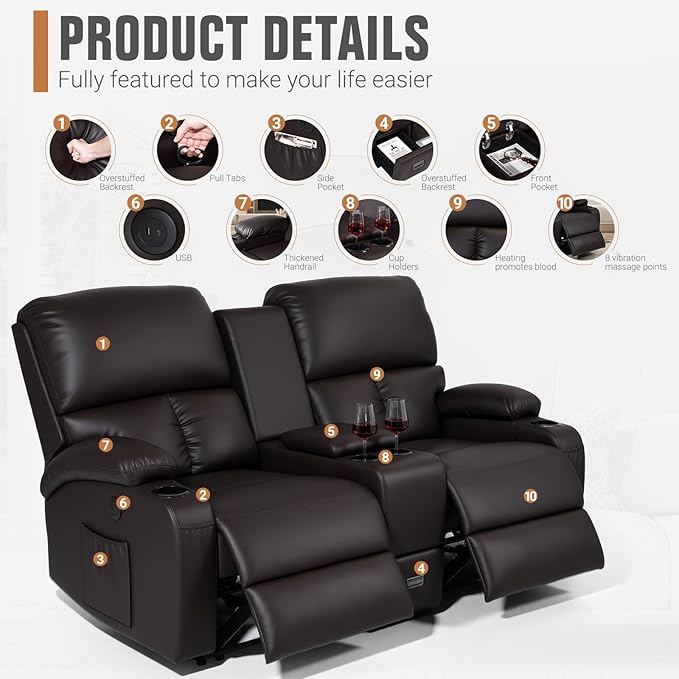 Home Theater Seating,RV Recliner Sofa with Massage and Heat,Manual RV Recliner Loveseat with USB/Cup Holders and Side Pocket for Living Room,Loveseat Brown