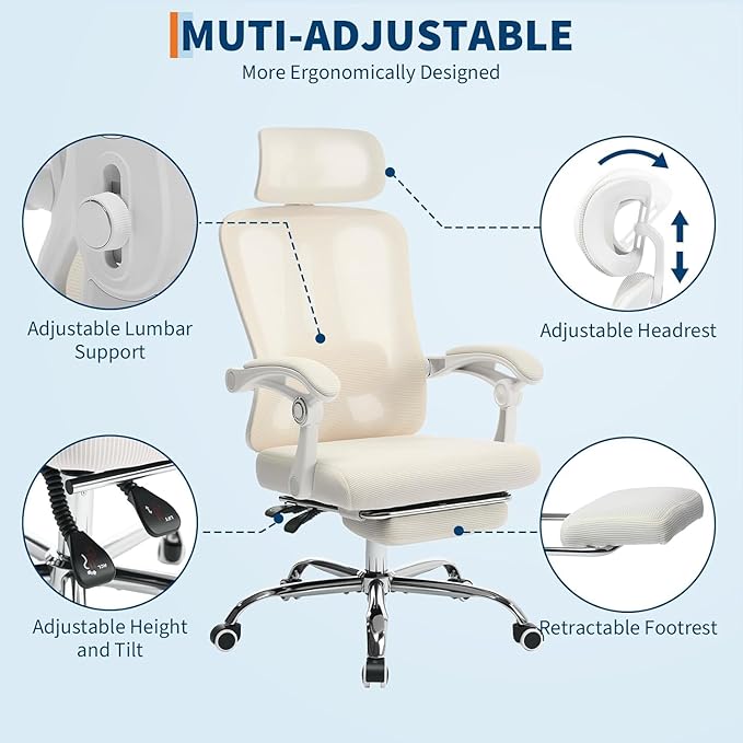 Ergonomic Office Chair, Adjustable Headrest and Lumbar Support, Retractable Footrest, HomeOffice Computer Executive Desk and Chair with Wheels for Home Office,Beige