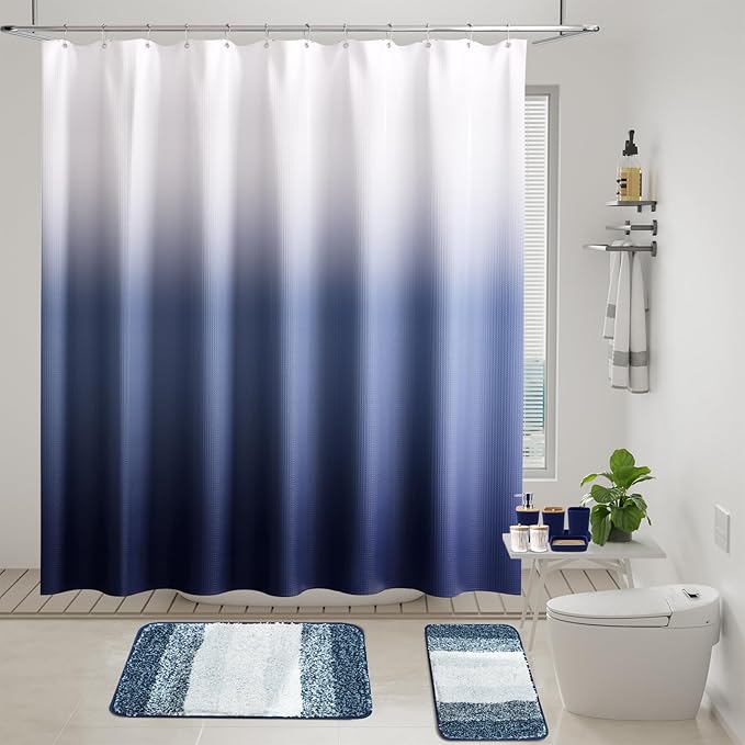 Navy Blue Bathroom Accessories Set with Wicker Trash Can Shower Curtain and Rugs,Bathroom Sets Small Waste Basket Bathroom Trash Can for Bedroom Bathroom