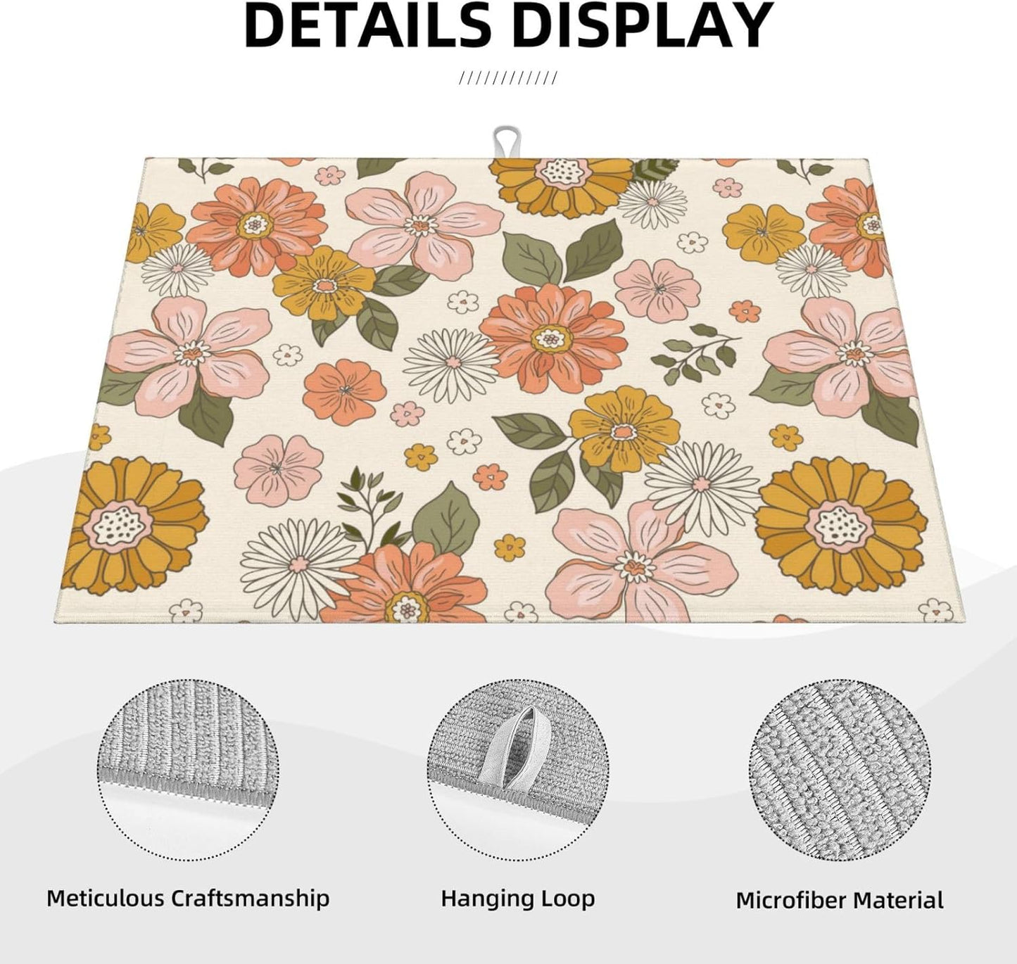 Absorbent Dish Drying Mat For Kitchen Counter, Pink Flowers Microfiber Dish Drying Pad, Kitchen Gadgets For Easy Clean Multi-Use