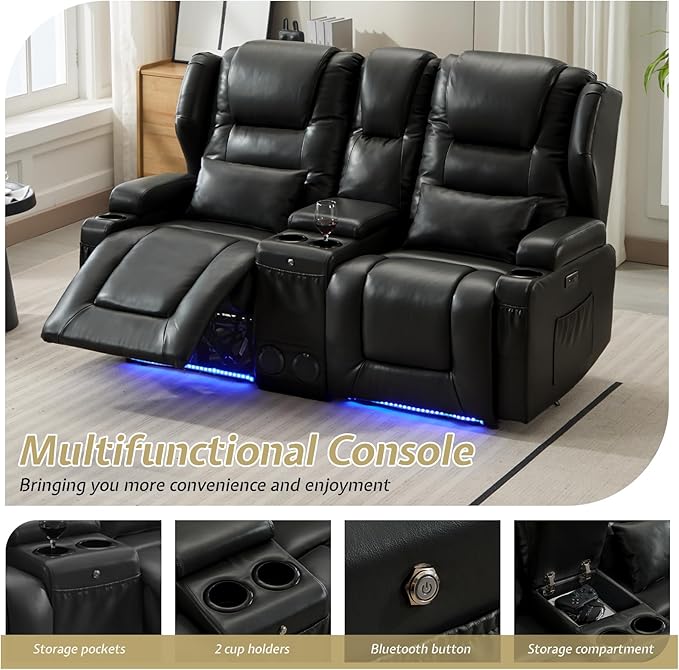 SAMERY Power Loveseat Recliner Sofa with Adjustable Split Back, USB Charging, Bluetooth Speakers & LED Lighting – Home Theater Seating with Storage, Cup Holders, Black Faux Leather Loveseat Recliner