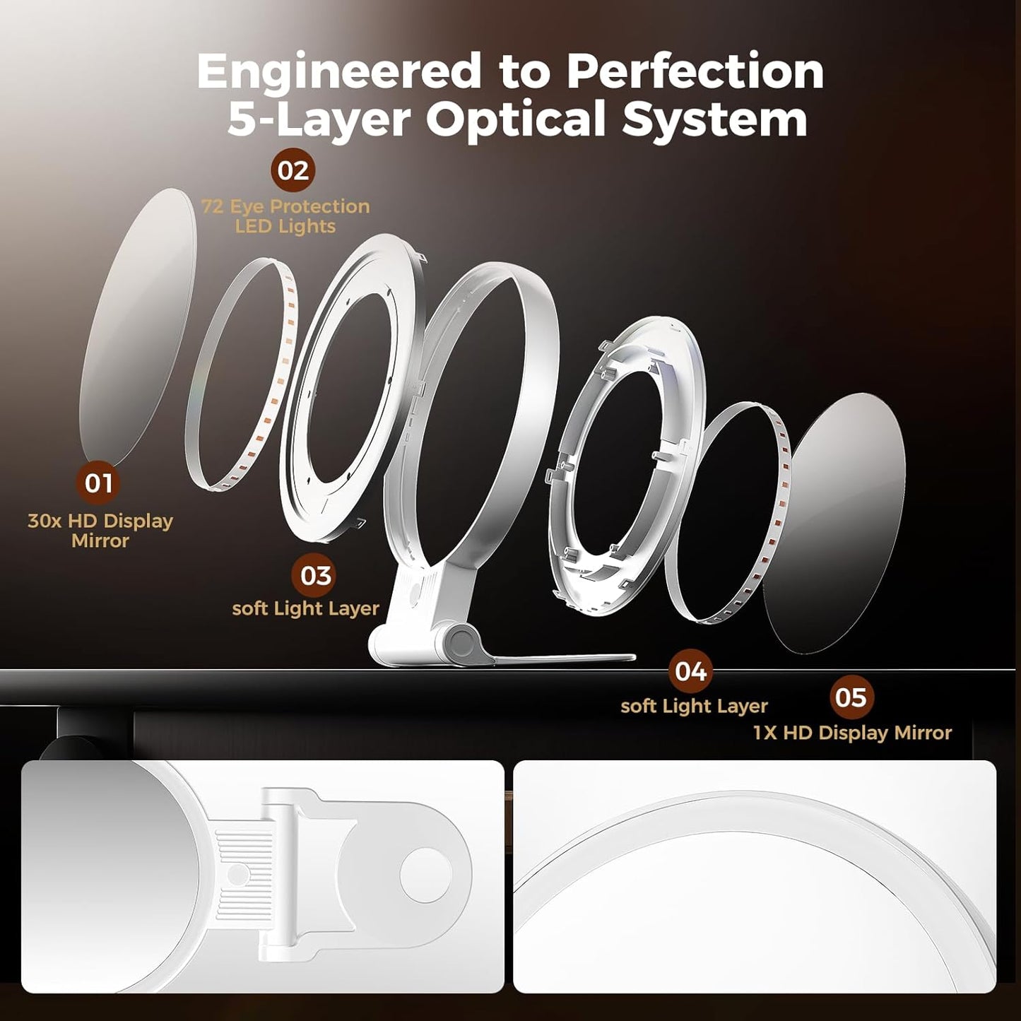 1X/30X Lighted Makeup Mirror with Magnification, Double-Sided Switch, 3-Color Lights, 2000mAh Rechargeable, Adjustable Brightness, Makeup Mirror with Lights for Vanity Table or Bathroom