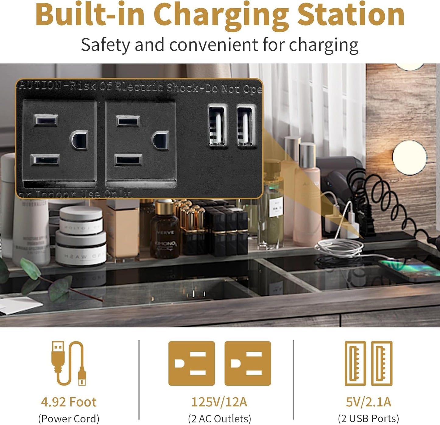 Karl home Vanity Desk with Large Lighted Mirror & Powre Outlet, Glass Tabletop Makeup Vanity Set with 3 Drawers & 2 Cabinet, 45.3" Make up Dressing Table with 12 Lights for Bedroom, Gray