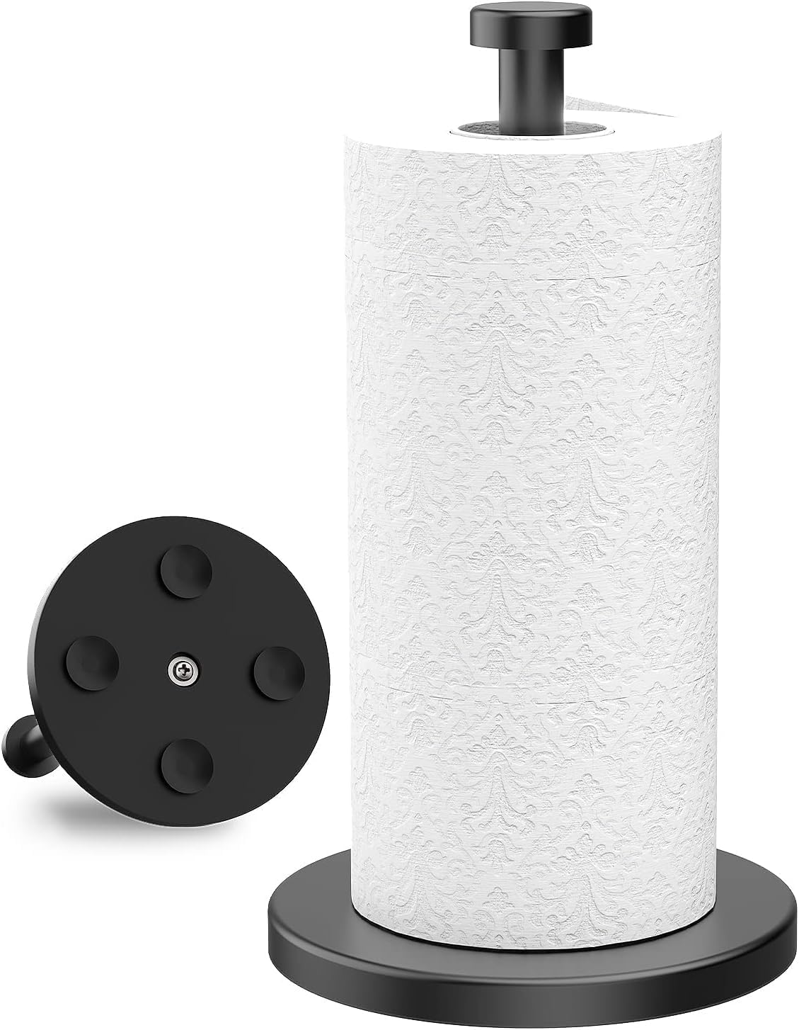 VEHHE Black Paper Towel Holder Countertop, Stainless Steel Paper Towel Holder Stand with Weighted Base Suction Cups for Kitchen Bathroom