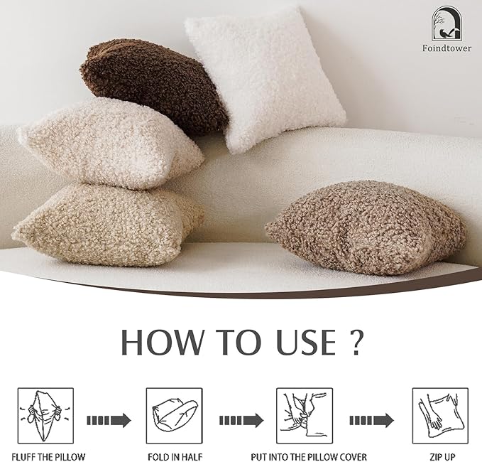 Foindtower Set of 2 Curly Teddy Wool Pillow Covers Decorative Boucle Textured Lumbar Throw Pillow Faux Fur Pillowcases Sheepskin Cushion Case for Sofa Bedroom Car 12"x20" Khaki