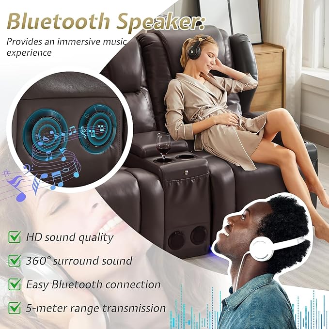 SAMERY Power Loveseat Recliner Sofa with Adjustable Split Back, USB Charging, Bluetooth Speakers & LED Lighting – Home Theater Seating with Storage, Cup Holders, Brown Faux Leather Loveseat Recliner