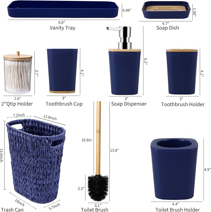 Navy Blue Bathroom Accessories Set with Wicker Trash Can, Navy Blue Bathroom Accessories Set Bathroom Sets Small Waste Basket Bathroom Trash Can for Bedroom Bathroom