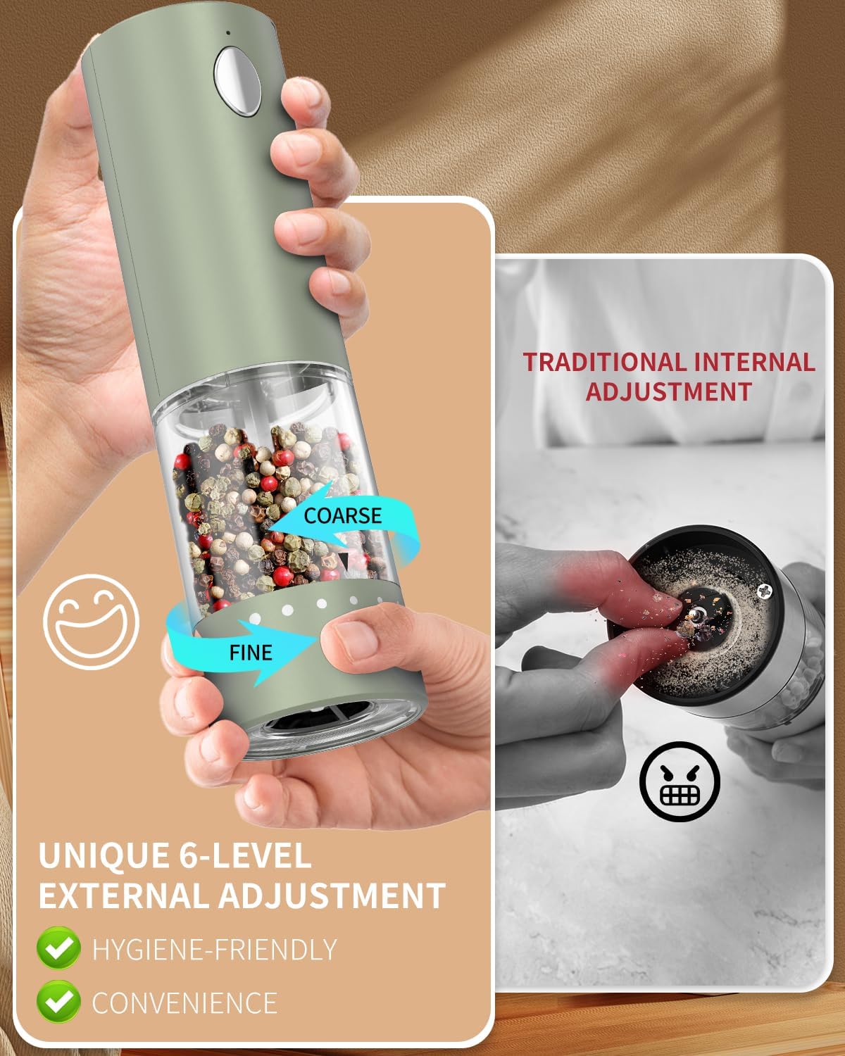 CIRCLE JOY Electric Salt and Pepper Grinder Set Automatic Salt and Pepper Grinder Set with Easy-to-Carry Charging Base and LED Light, USB Rechargeable, Upgrade External Adjustable Coarseness, Green