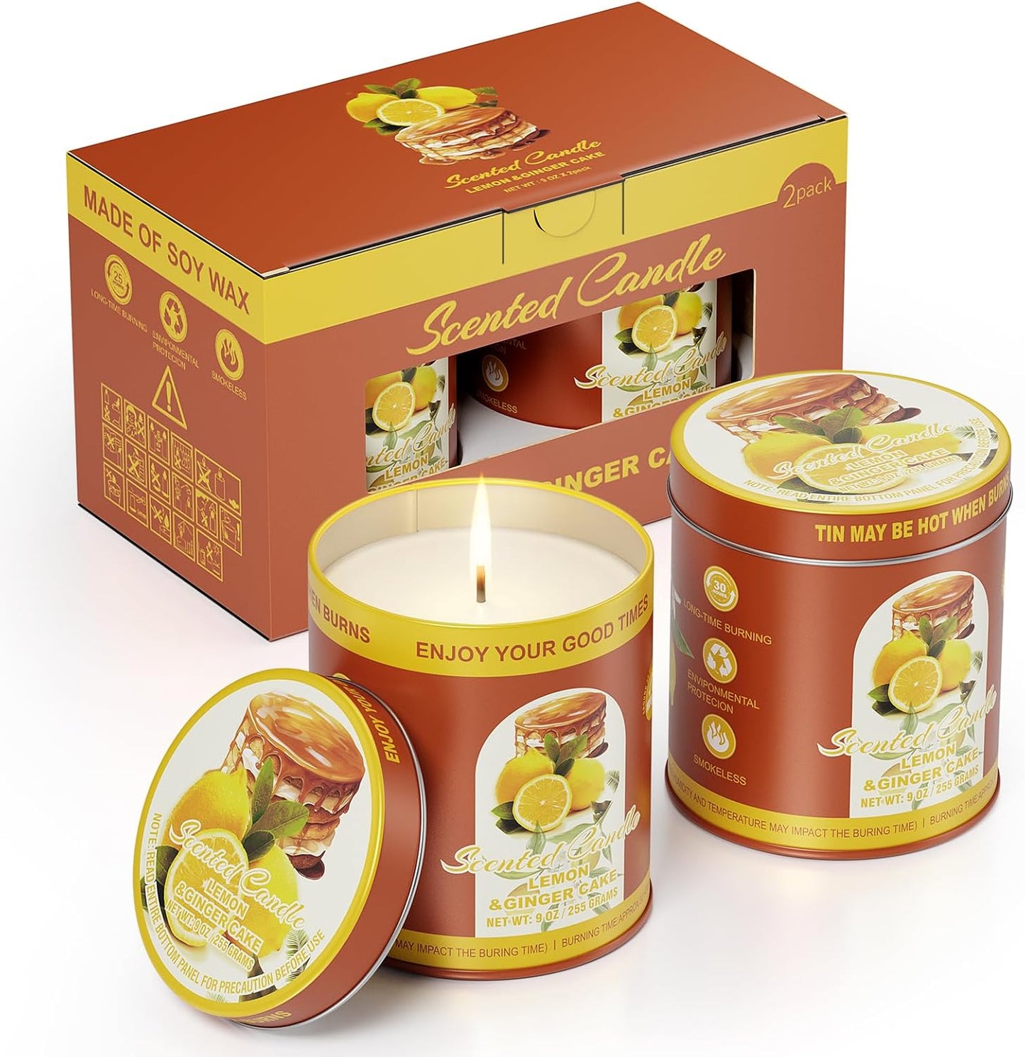 Lemon Ginger Cake Scented Candles Set | 2Pack 18OZ 8% Essential Oils 80H Burn Time | Clean Burning Smokeless for Aromatherapy Tin Jar Soy Wax Candle, Meditation, Yoga, Spa Gift Set for Men&Women