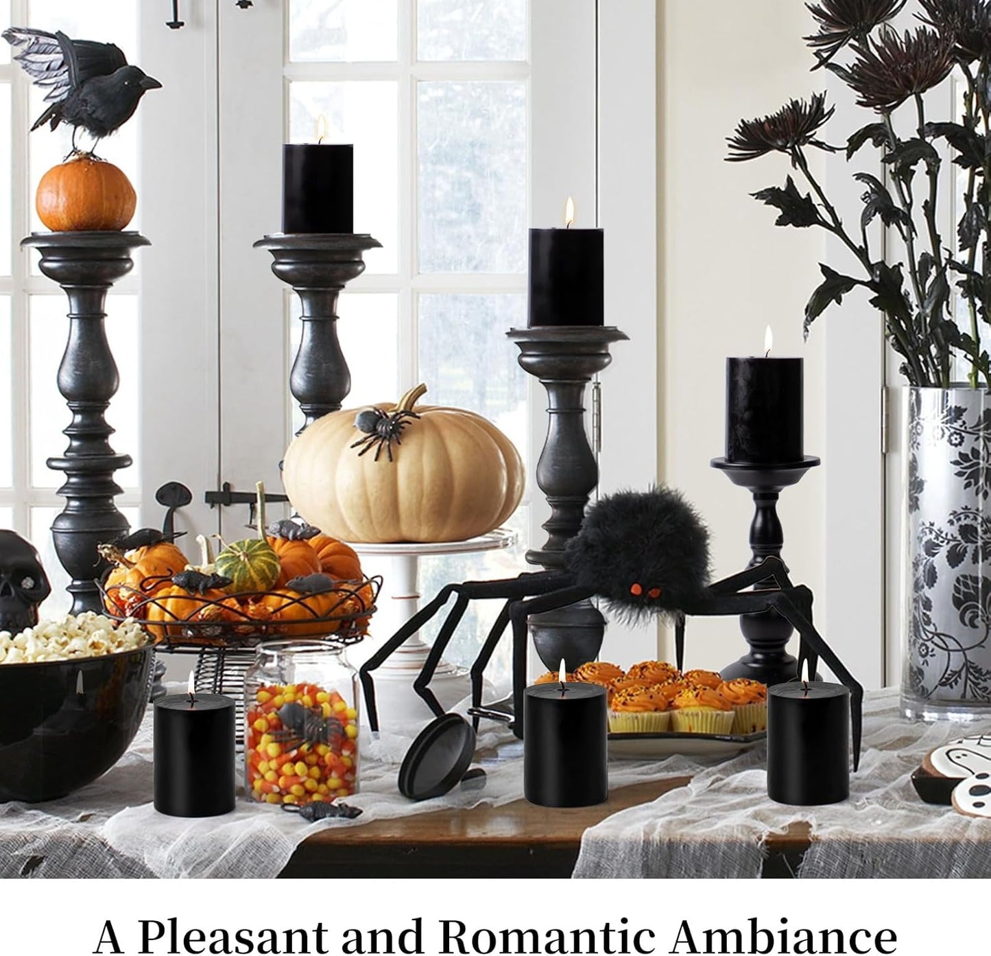 KONNI Black Pillar Candles Set of 3, 3"x 4" Unscented Pillar Candles Bulk, 39 Hours Long Burning Candles, Smokeless&Dripless Large Round Candle for Wedding, Home Decoration, Parties, Spas, Dinner