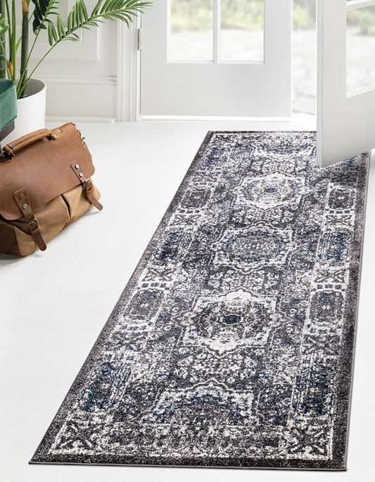 Keen Home Design Area Rugs - Non-Shedding, Thick Pile Abstract Rugs for Kitchen, Living Room, Bedroom, Dining Room, Entryway (Medallion Grey/Blue/Cream, 2'8'' x 7'7'')