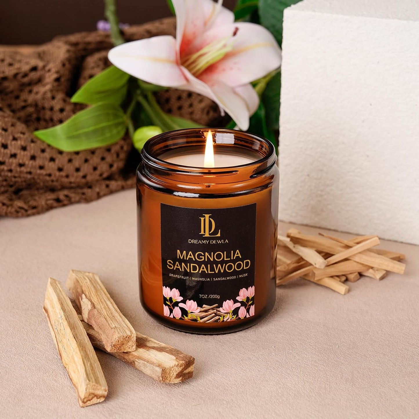 Magnolia & Sandalwood Scented Candles, Soy Candle for Home Scented, Masculine Amber Jar Candles Gifts for Men Women, 7oz