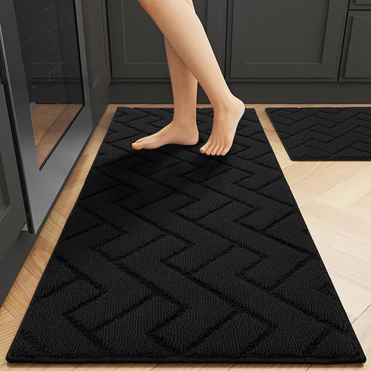hicorfe Kitchen Runner Rug and Mats Sets,2 Pieces Super Absorbent Polypropylene Non-Slip Rug,Soft Comfort Floor Mat,Washable for Kitchen,Hallway,Office,Sink,Laundry(20" x 31.5" Plus 20" x 59",Black)