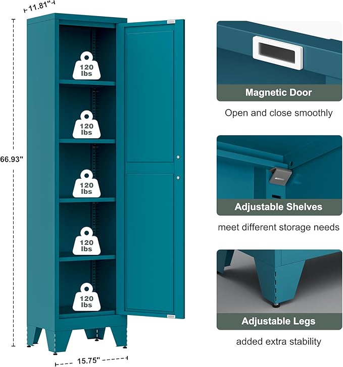 67''Farmhouse Metal Storage Cabinet with Barn Doors,Steel File Cabinet for Home Office,Kitchen Pantry 4 Adjustable Shelves,Freestanding Cupboard for Kitchen,HomeOffice (Peacock Blue)