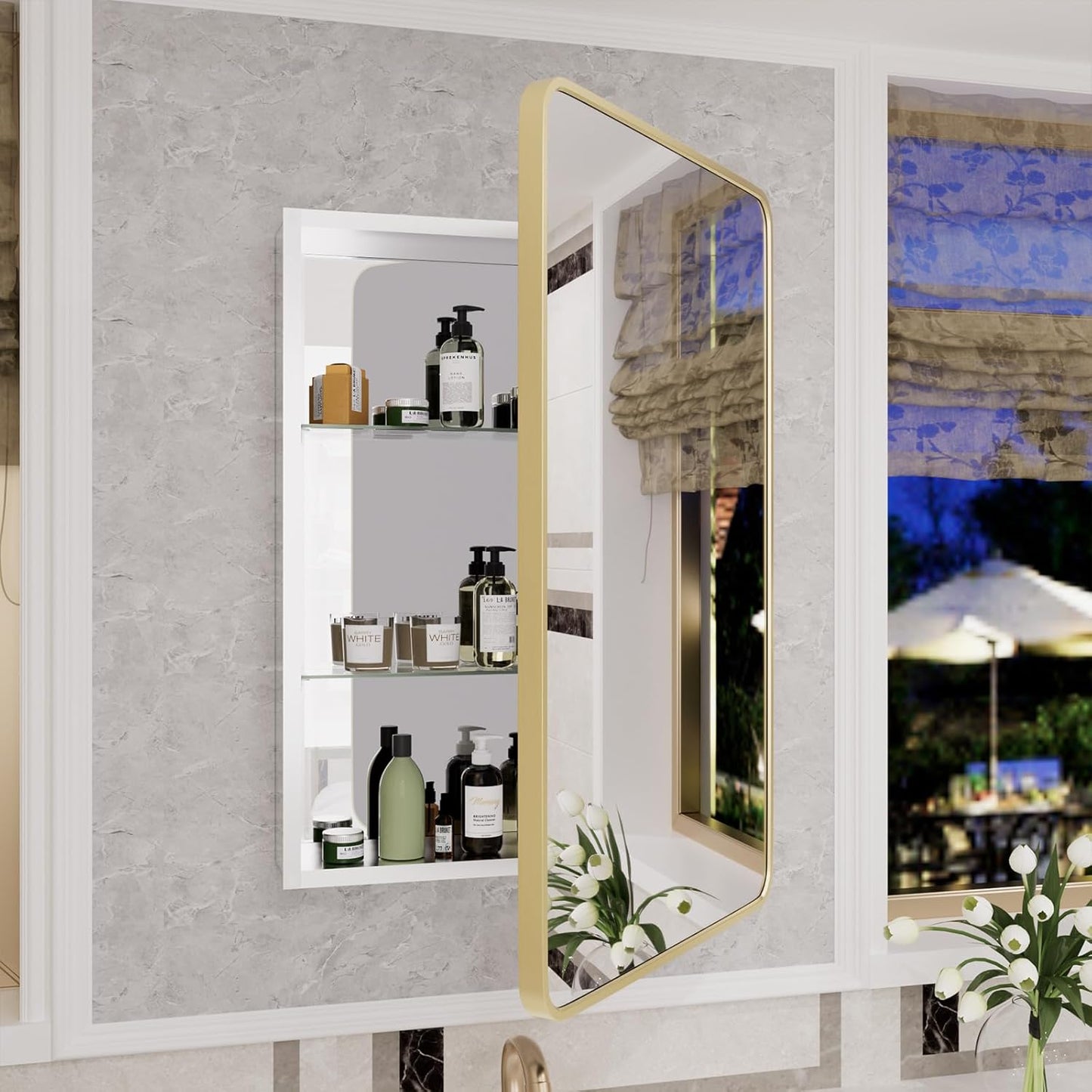 HOMECOOKIN Farmhouse Gold Metal Framed Recessed Bathroom Medicine Cabinet with Beveled Mirror Rounded Rectangle Bathroom Medicine Cabinet 24x36 inch